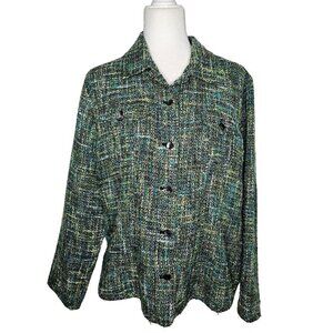 Chico's Tweed Jacket Button Shacket Academia Size 2 Large Green Black